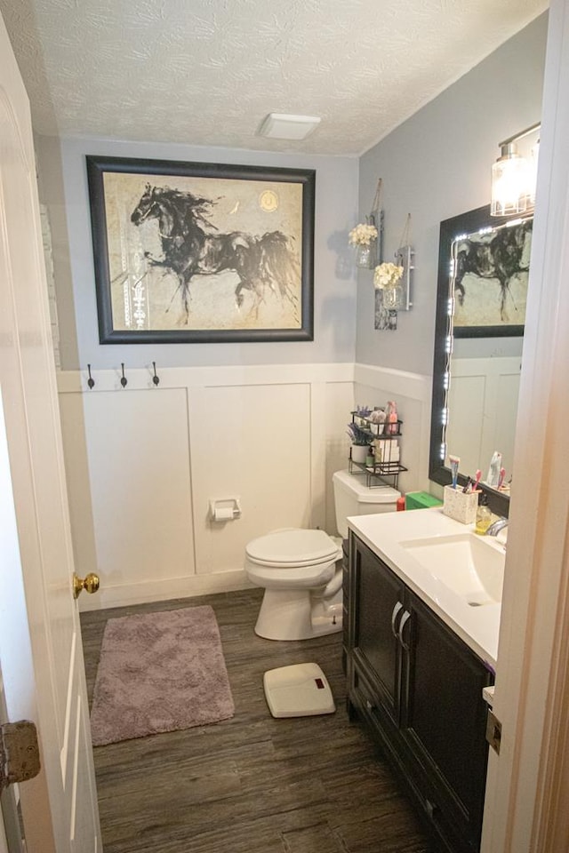 7265 E Wynfield Loop, Midland, GA 31820 - bathroom with vanity, wood finished floors, a textured ceiling, and wainscoting