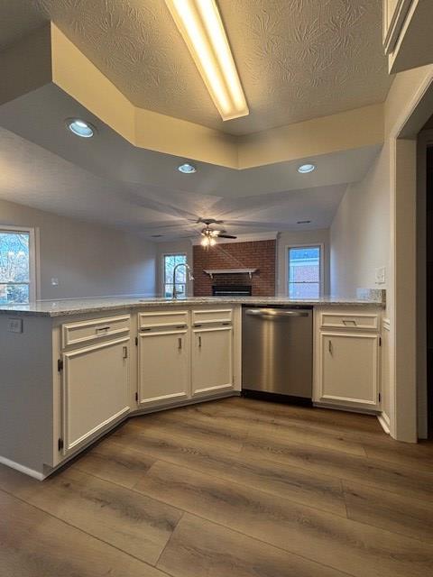 kitchen featuring dark wood-style floors, white cabinetry, a wealth of natural light, and stainless steel dishwasher