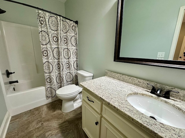 full bathroom featuring toilet, vanity, and shower / tub combo with curtain