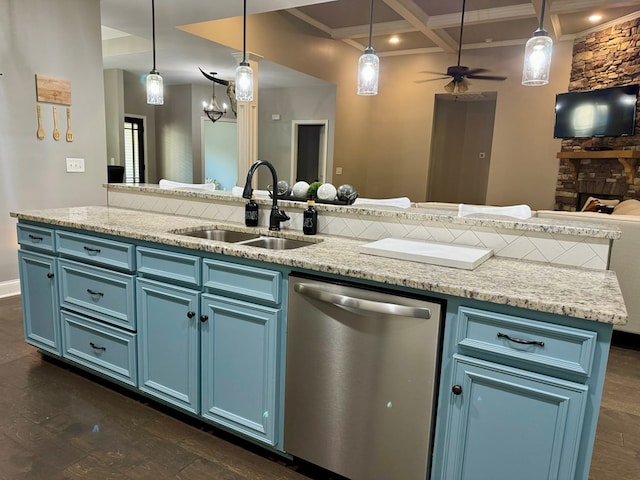 kitchen with dishwasher, ceiling fan, sink, and hanging light fixtures