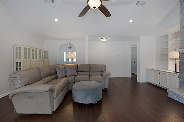 7191 Otter Dr, Midland, GA 31820 - living room featuring a ceiling fan, dark wood-style floors, built in shelves, baseboards, and recessed lighting