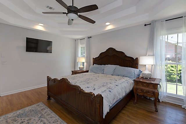 7191 Otter Dr, Midland, GA 31820 - bedroom with a tray ceiling, multiple windows, wood finished floors, and recessed lighting