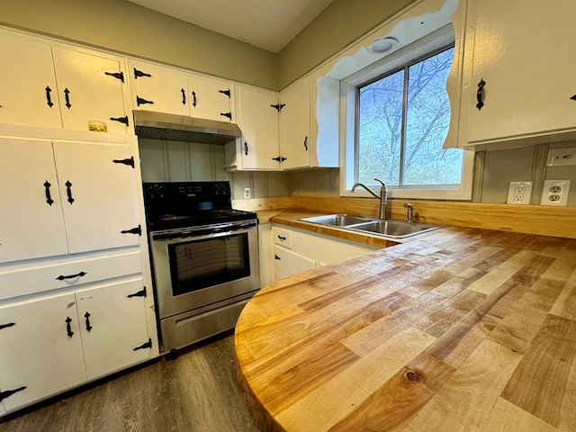4044 Norwood Dr, Columbus, GA 31907 - kitchen featuring dark wood-type flooring, under cabinet range hood, electric stove, white cabinetry, and a sink