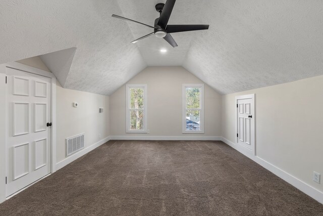 7209 Lullwater Rd, Columbus, GA 31904 - additional living space with a textured ceiling, ceiling fan, lofted ceiling, and carpet flooring