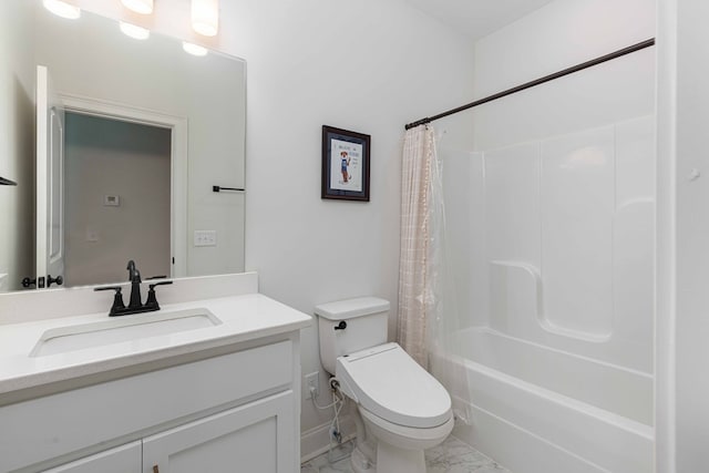 10312 Emerson Way, Midland, GA 31822 - bathroom featuring marble finish floors, vanity, and shower / bath combo with shower curtain