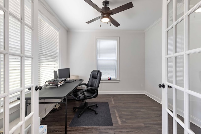 10312 Emerson Way, Midland, GA 31822 - office featuring french doors, a ceiling fan, crown molding, and dark wood-type flooring