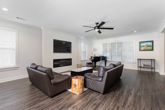 10312 Emerson Way, Midland, GA 31822 - living room featuring dark wood-type flooring, a ceiling fan, ornamental molding, a glass covered fireplace, and recessed lighting