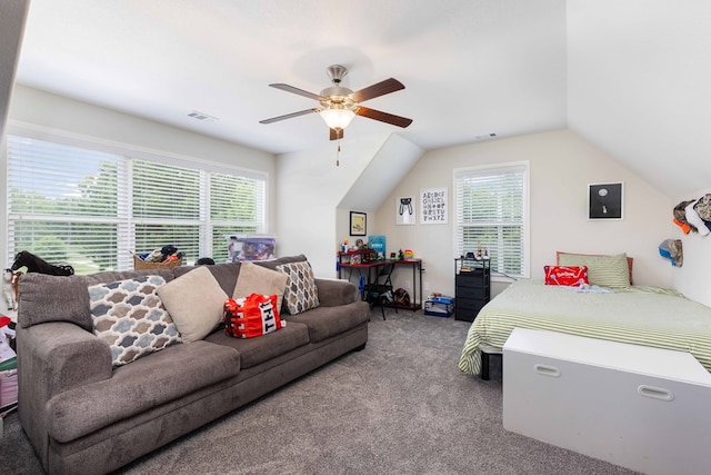 7514 Garrett Rd, Midland, GA 31820 - bedroom with carpet, lofted ceiling, and ceiling fan
