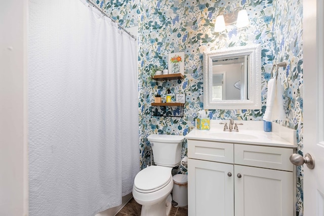 7514 Garrett Rd, Midland, GA 31820 - full bathroom with wallpapered walls, vanity, and curtained shower