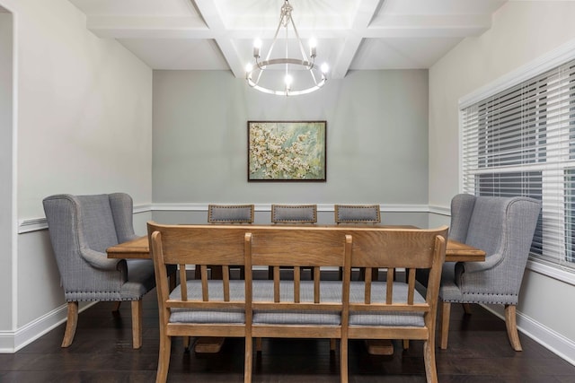 7514 Garrett Rd, Midland, GA 31820 - dining room featuring coffered ceiling, a chandelier, wood finished floors, beam ceiling, and a baseboard radiator