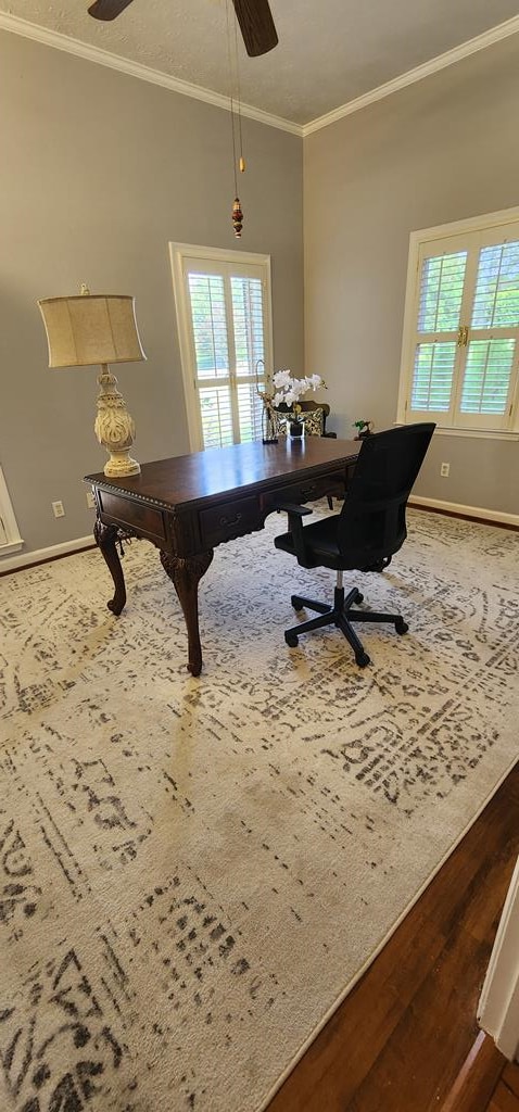 7400 Standing Boy Rd, Columbus, GA 31904 - office space featuring ceiling fan, ornamental molding, plenty of natural light, and wood finished floors