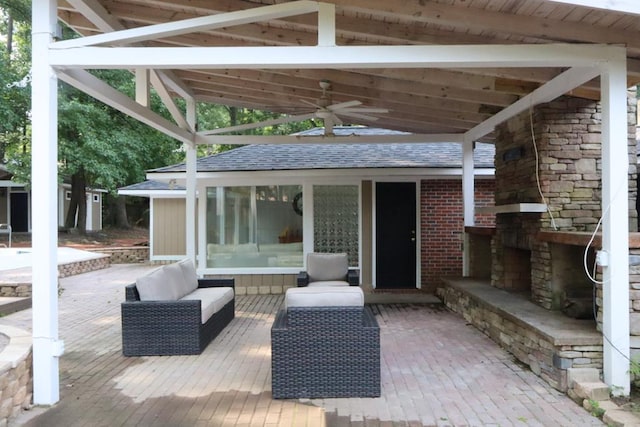 7400 Standing Boy Rd, Columbus, GA 31904 - view of patio / terrace with a ceiling fan, an outdoor living space with a fireplace, a gazebo, and a wooden deck