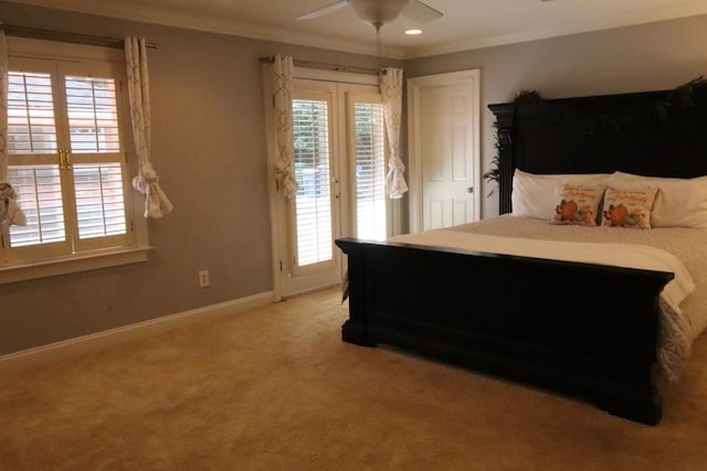 7400 Standing Boy Rd, Columbus, GA 31904 - bedroom featuring access to exterior, crown molding, light carpet, a ceiling fan, and recessed lighting
