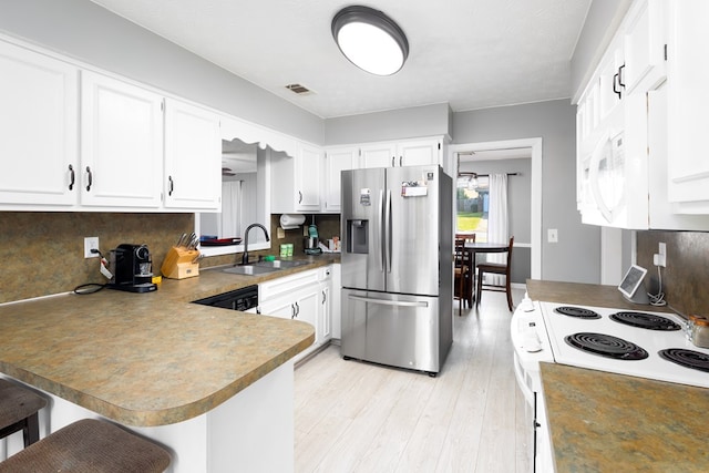 kitchen with sink, white cabinets, decorative backsplash, kitchen peninsula, and white appliances