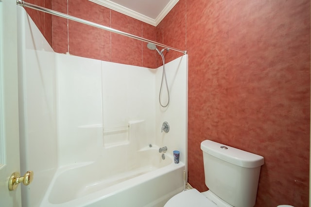 bathroom featuring shower / tub combination, crown molding, and toilet