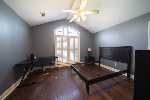 bedroom featuring vaulted ceiling with beams, dark hardwood / wood-style floors, and ceiling fan