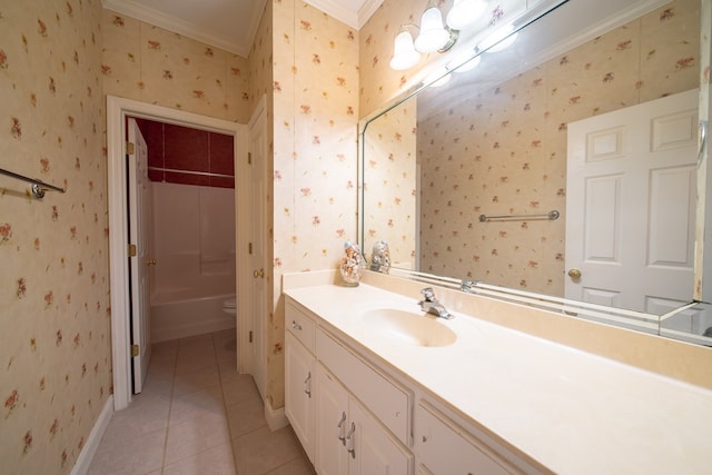 full bathroom with tile patterned floors, ornamental molding, toilet, and vanity