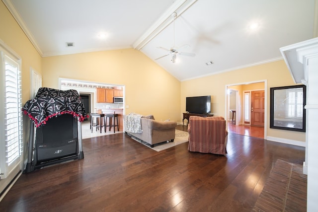 living room featuring lofted ceiling, crown molding, dark hardwood / wood-style flooring, and ceiling fan