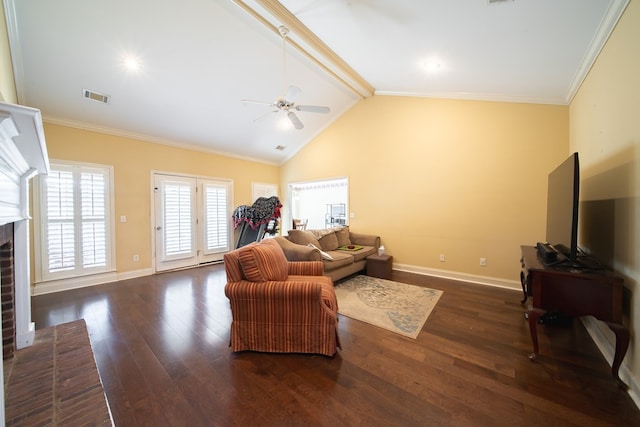 living room with crown molding, lofted ceiling, and dark hardwood / wood-style flooring