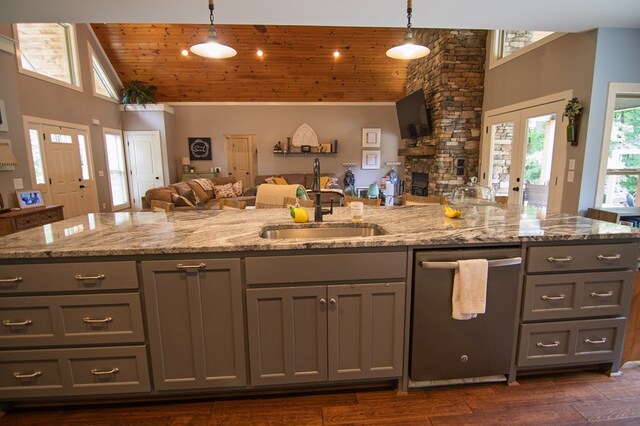 299 Savior Ln, Hamilton, GA 31811 - kitchen with gray cabinets, open floor plan, wooden ceiling, stainless steel dishwasher, and high vaulted ceiling