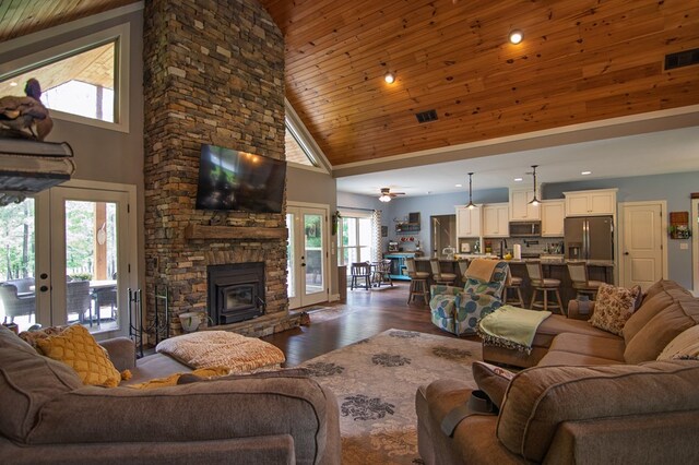 299 Savior Ln, Hamilton, GA 31811 - living room with french doors, high vaulted ceiling, healthy amount of natural light, dark wood-style flooring, and a fireplace