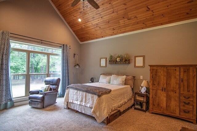 299 Savior Ln, Hamilton, GA 31811 - bedroom with wood ceiling, light colored carpet, multiple windows, high vaulted ceiling, and a ceiling fan