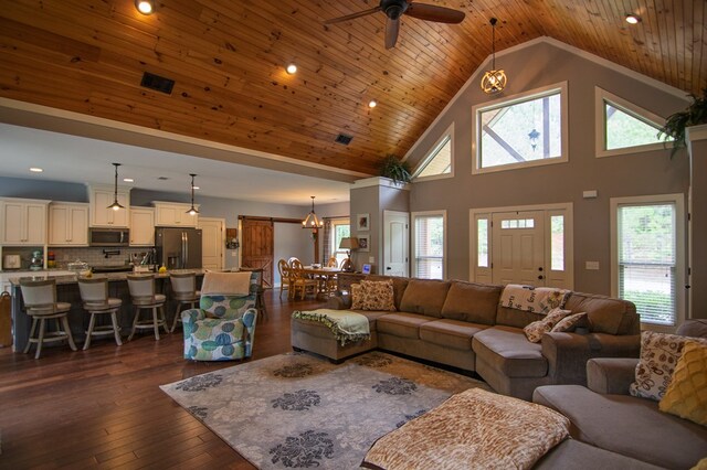 299 Savior Ln, Hamilton, GA 31811 - living room featuring recessed lighting, dark wood-type flooring, a ceiling fan, high vaulted ceiling, and wood ceiling