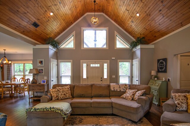 299 Savior Ln, Hamilton, GA 31811 - living area featuring a chandelier, high vaulted ceiling, wood-type flooring, wooden ceiling, and recessed lighting