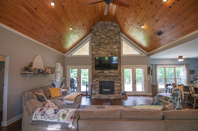 299 Savior Ln, Hamilton, GA 31811 - living area with french doors, ceiling fan, wood ceiling, wood finished floors, and high vaulted ceiling