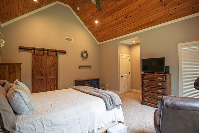 299 Savior Ln, Hamilton, GA 31811 - carpeted bedroom with wooden ceiling, recessed lighting, high vaulted ceiling, and a barn door