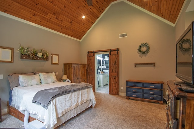 299 Savior Ln, Hamilton, GA 31811 - bedroom with high vaulted ceiling, light colored carpet, and wooden ceiling