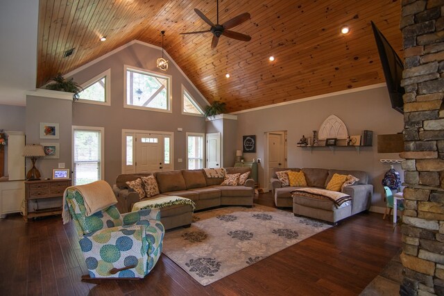299 Savior Ln, Hamilton, GA 31811 - living room with wood ceiling, ceiling fan, wood-type flooring, and high vaulted ceiling