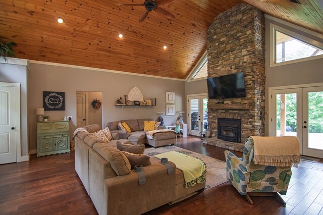 299 Savior Ln, Hamilton, GA 31811 - living area featuring wood ceiling, high vaulted ceiling, a ceiling fan, plenty of natural light, and french doors