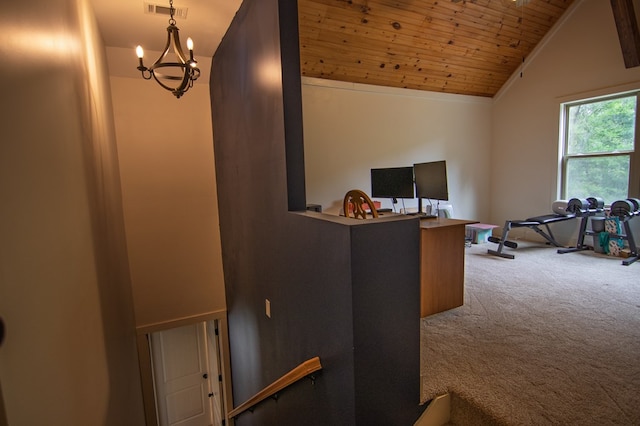 299 Savior Ln, Hamilton, GA 31811 - carpeted home office featuring wood ceiling, lofted ceiling, and a chandelier