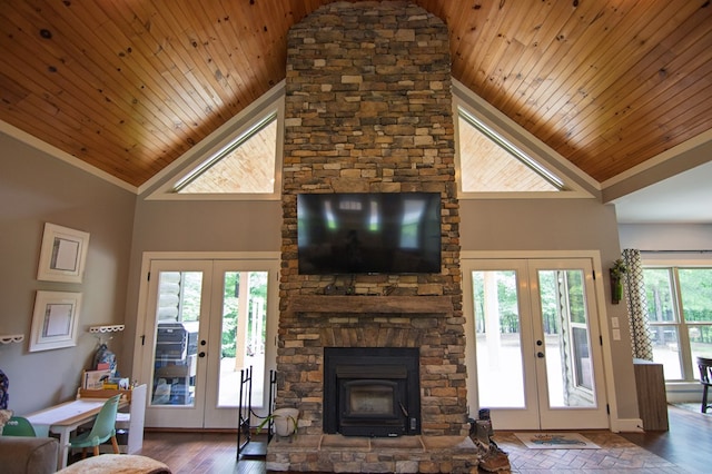 299 Savior Ln, Hamilton, GA 31811 - living room with french doors, wood ceiling, and high vaulted ceiling