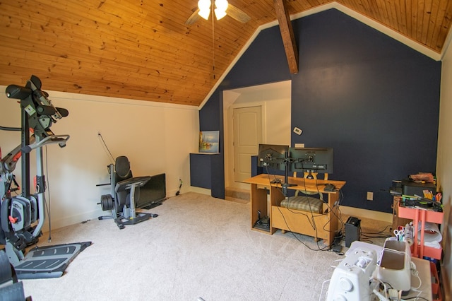 299 Savior Ln, Hamilton, GA 31811 - game room featuring wood ceiling, vaulted ceiling, carpet floors, a desk, and a ceiling fan