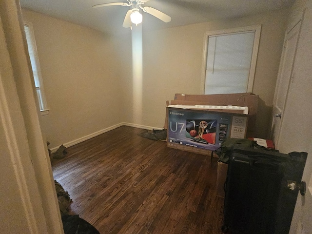 interior space featuring ceiling fan and dark wood-type flooring