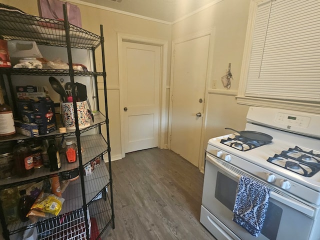 kitchen with crown molding, dark wood-type flooring, and white range with gas stovetop