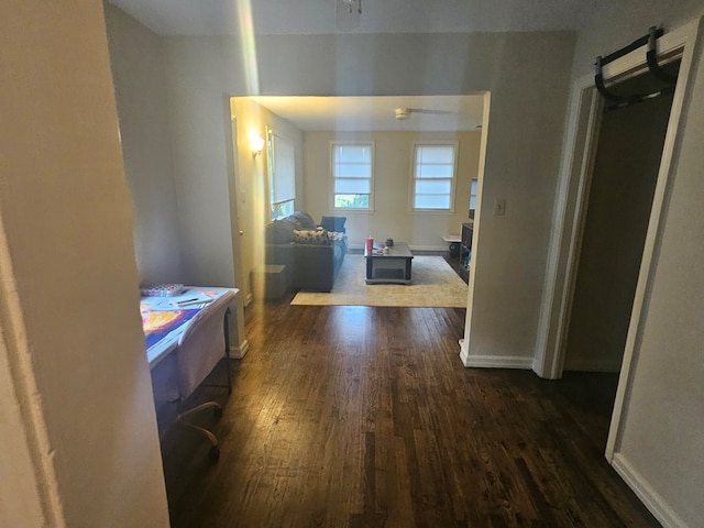 corridor with dark hardwood / wood-style flooring