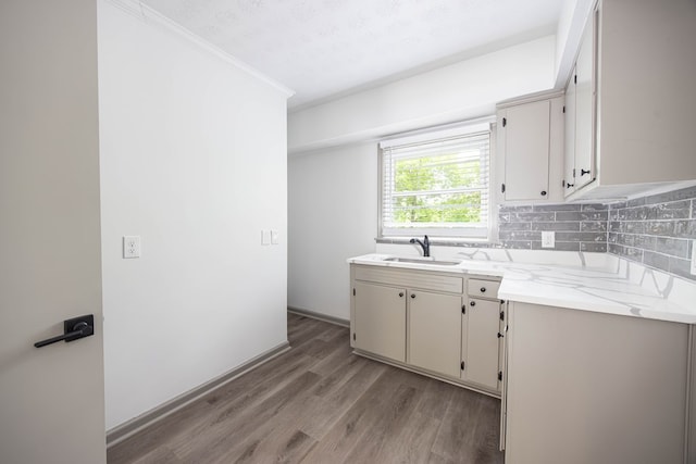 kitchen featuring crown molding, a sink, decorative backsplash, light wood-type flooring, and light countertops