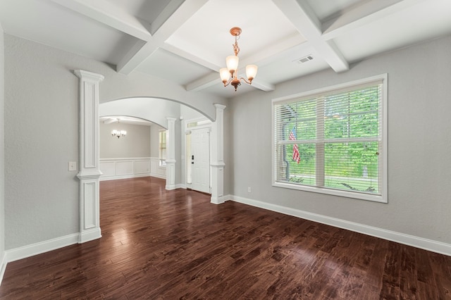30 Pleasant Ct, Cataula, GA 31804 - unfurnished room with a chandelier, arched walkways, wood finished floors, coffered ceiling, and beam ceiling