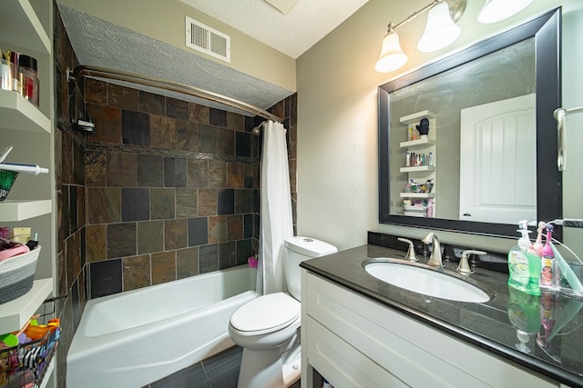 full bath featuring a textured ceiling, visible vents, toilet, shower / bath combination with curtain, and vanity