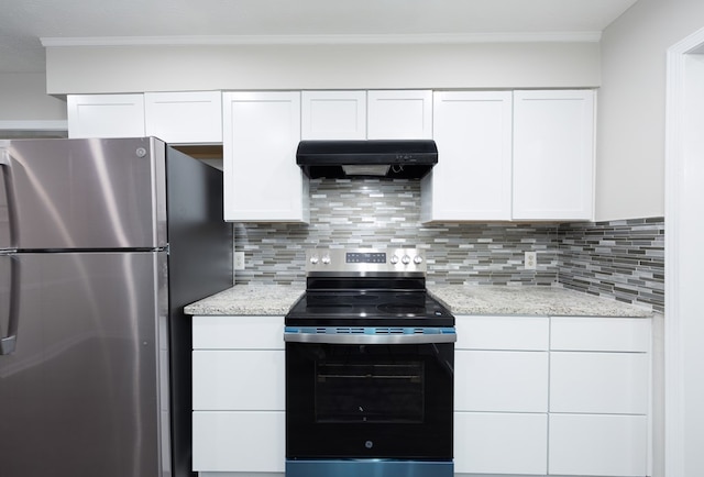3068 Apache Dr, Columbus, GA 31909 - kitchen featuring under cabinet range hood, appliances with stainless steel finishes, white cabinets, and crown molding