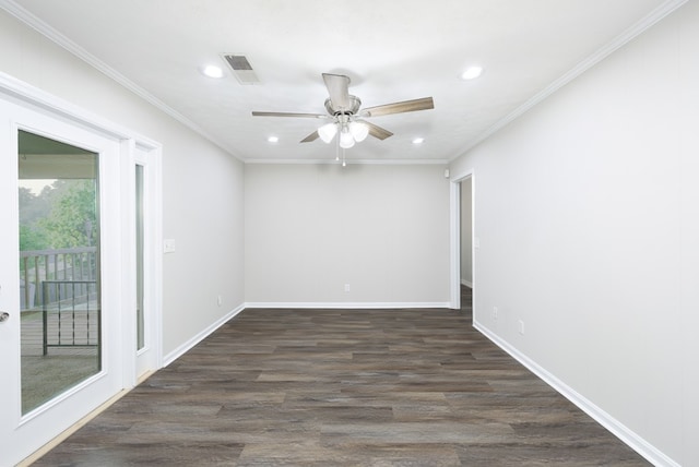 3068 Apache Dr, Columbus, GA 31909 - empty room with recessed lighting, dark wood-style floors, a ceiling fan, baseboards, and crown molding