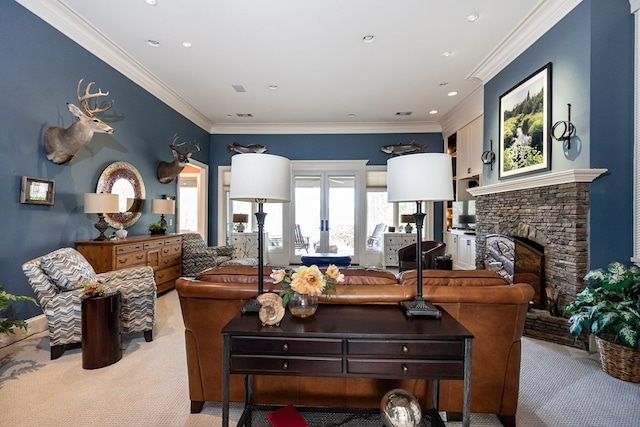 carpeted living room featuring crown molding and a fireplace