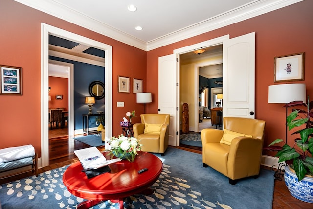 living room featuring crown molding and dark hardwood / wood-style floors