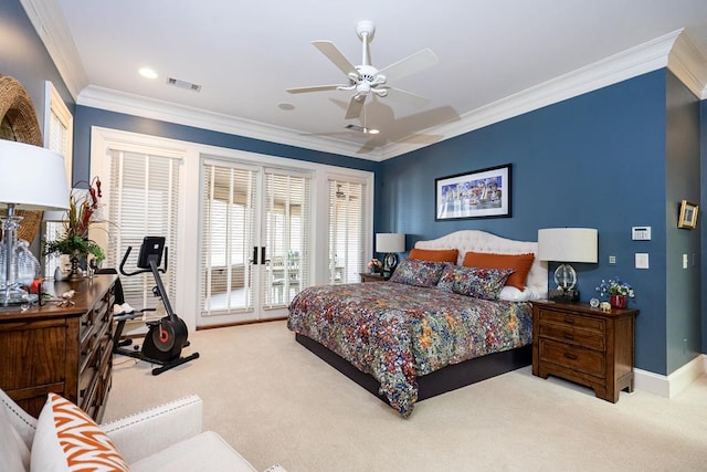 bedroom featuring ornamental molding, access to outside, light colored carpet, and ceiling fan