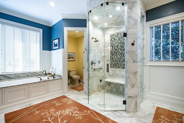 bathroom featuring independent shower and bath, crown molding, and toilet