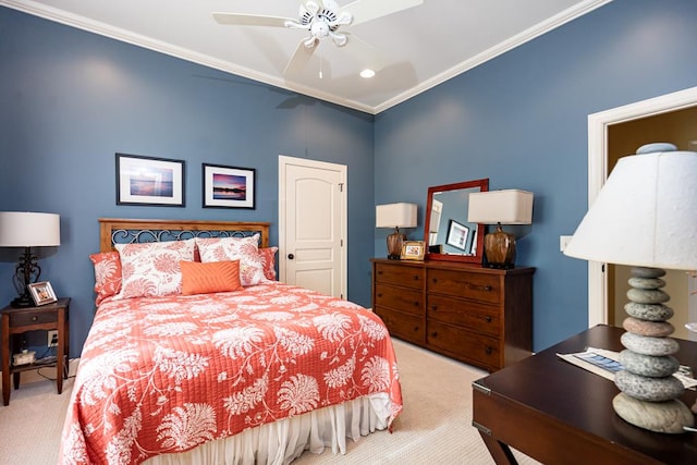 carpeted bedroom with crown molding and ceiling fan