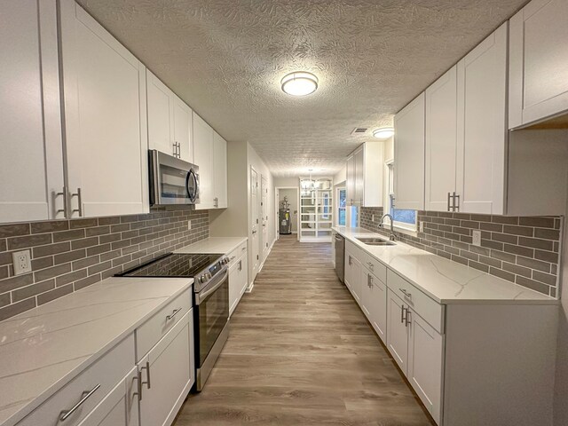 kitchen with white cabinets, sink, appliances with stainless steel finishes, tasteful backsplash, and light hardwood / wood-style floors